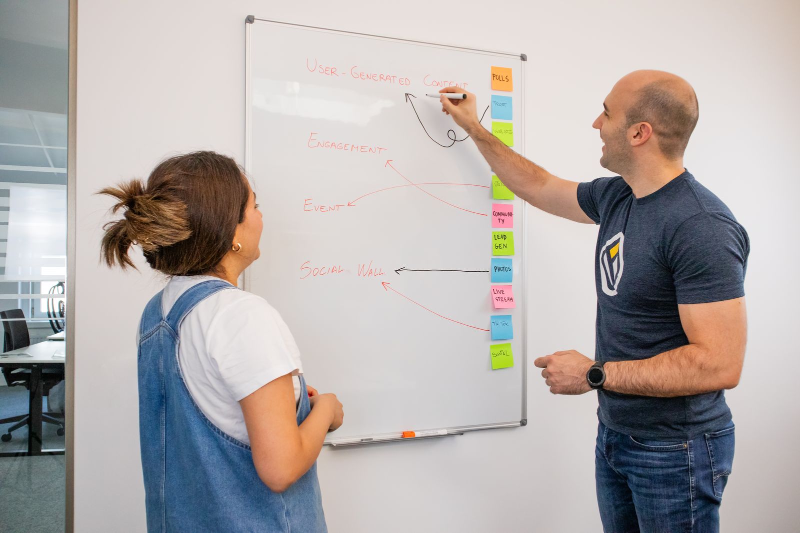 Two people planning a marketing strategy on a whiteboard covered in sticky notes