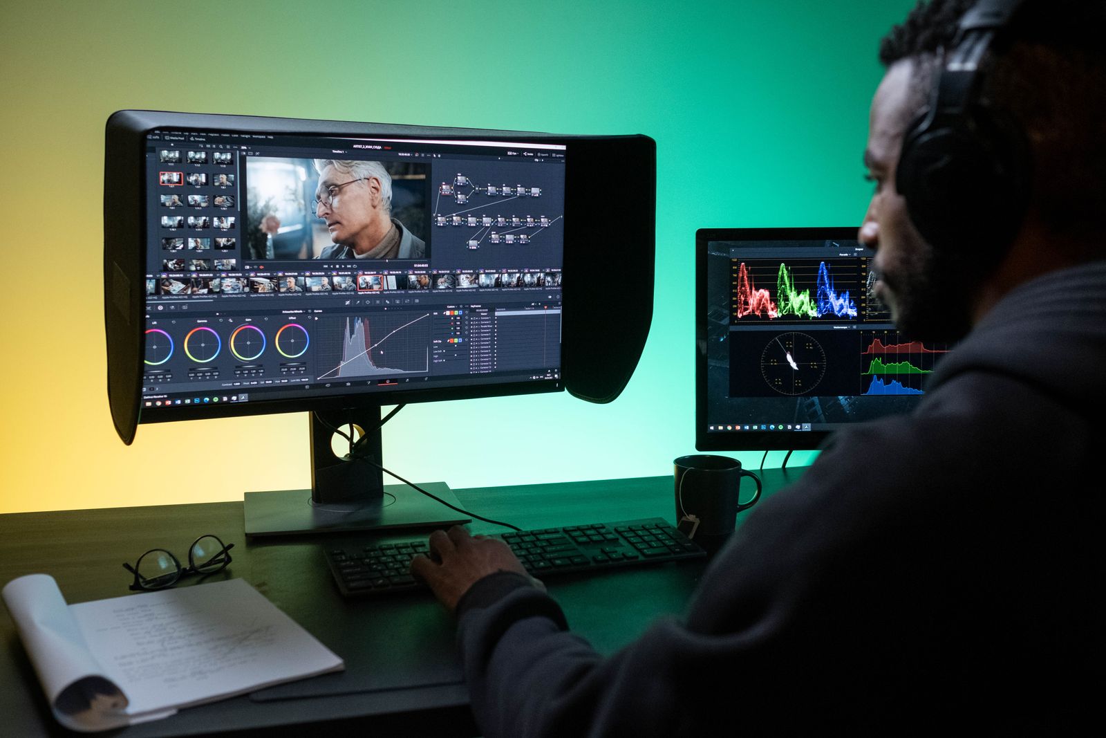 A video editor color grading a film on two monitors
